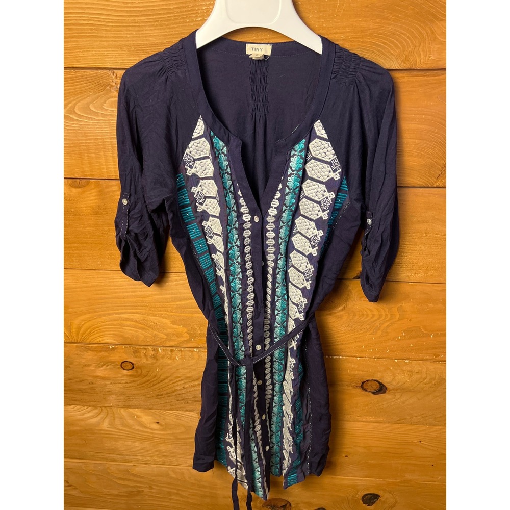 Tiny Anthropologie Embroidered Dress  Tunic Top Navy Blue Teal S Button Women's‎